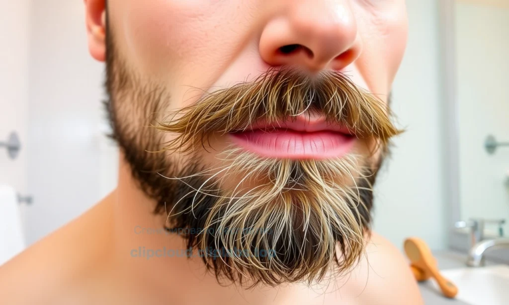 A close-up of a man's face focusing on his beard and mustache, showing subtle signs of odor such as faint greenish wisps or symbolic odor lines near the facial hair, with a clean, well-lit bathroom background including a mirror, sink, and grooming tools like a beard brush and soap, all in a realistic, informative style suitable for a health and hygiene article