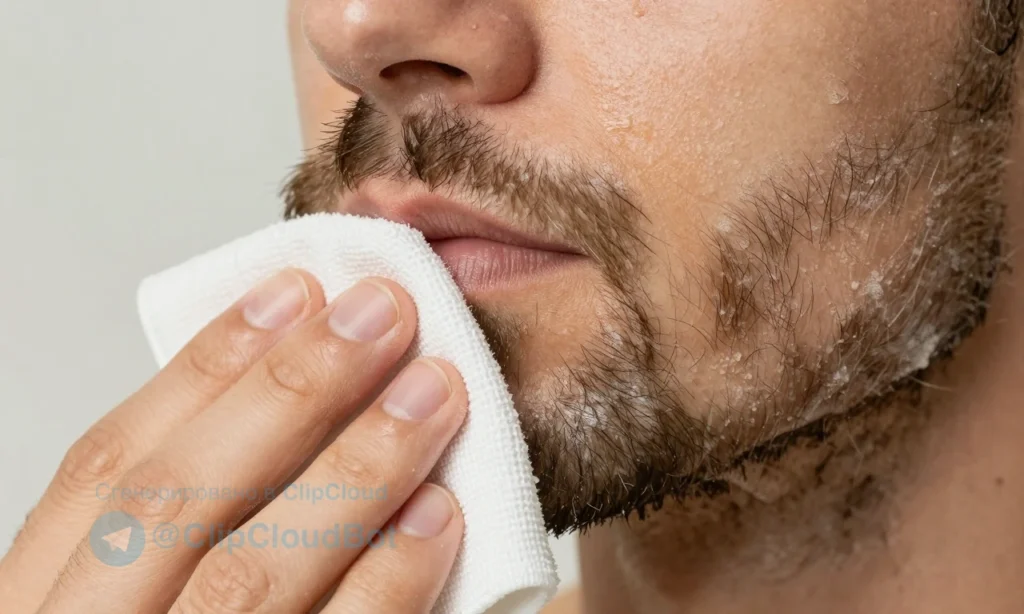 A close-up of a man's beard being gently washed with warm water and a soft cloth, showing the removal of beard wax without residue, clean and healthy facial hair, natural skin tone, no visible wax flakes or greasy buildup, soft natural lighting, realistic skin and hair texture