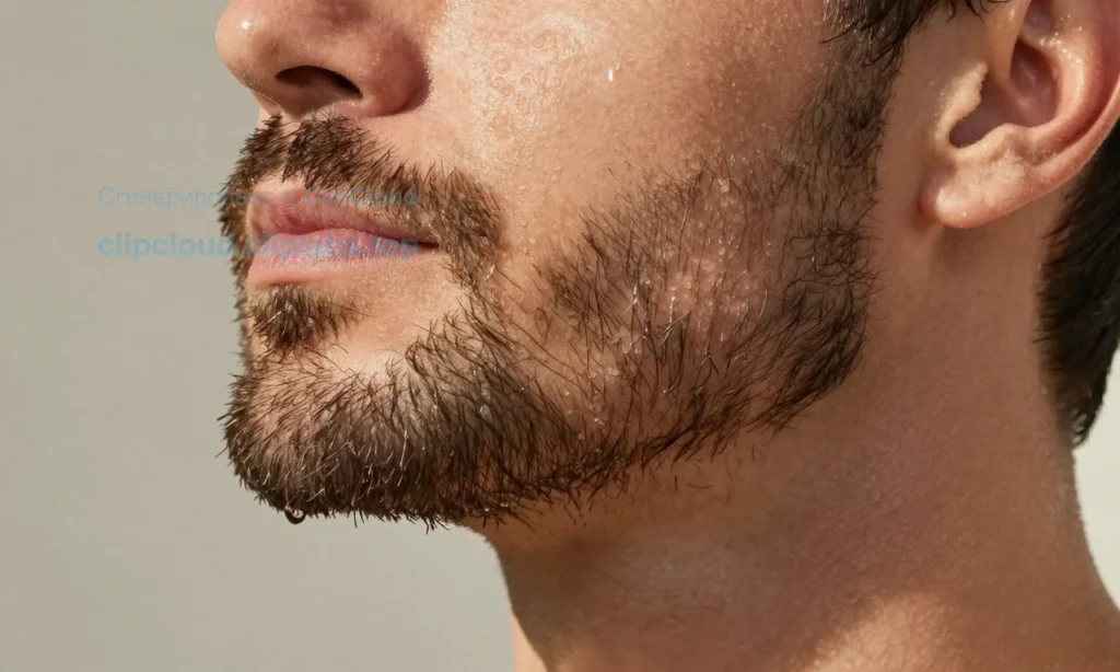 A close-up of a well-groomed beard on a man's face in hot summer weather, showing subtle sweat droplets on the skin beneath the beard, with a refreshing mist of water or beard oil being gently applied, soft natural sunlight highlighting the texture of the facial hair, no visible odor lines or cartoonish stink symbols, realistic skin and hair detail, warm but clean aesthetic