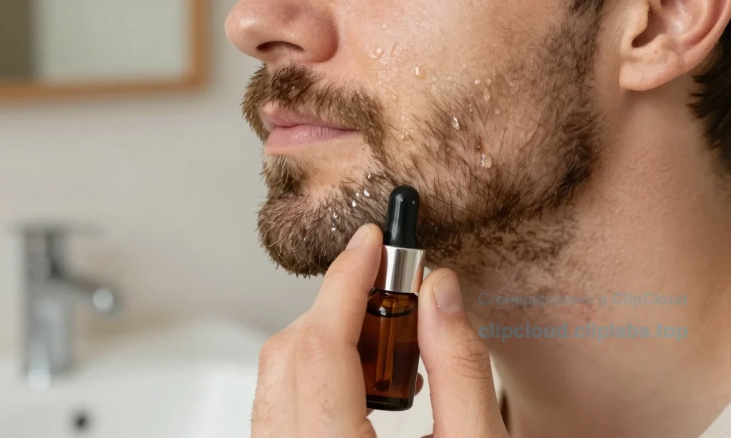 A close-up of a man's hands applying beard oil to a well-groomed beard, with droplets of oil glistening on the facial hair, soft natural lighting, a small glass bottle of beard oil with a dropper nearby, subtle background of a bathroom sink with wooden accents, realistic skin texture and hair detail, no text or labels visible
