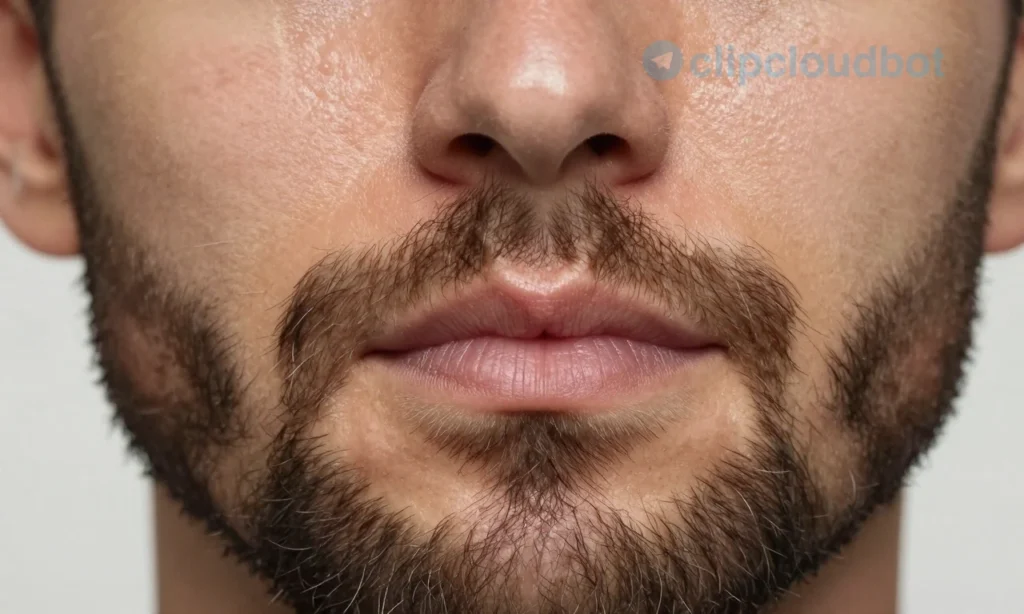A close-up of a man's face with oily skin and a thick, well-groomed beard, showing natural skin texture with slight shine on the cheeks and forehead, beard hairs dense and healthy, soft natural lighting, realistic skin pores and follicle detail, no makeup or artificial enhancements, focus on beard growth and skin condition interaction