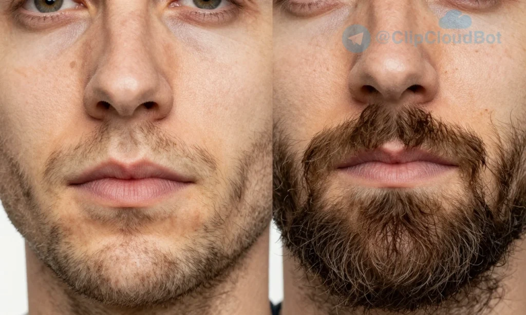 A close-up of a man's face showing patchy beard loss with visible bald spots in the facial hair, contrasted with a healthy full beard on the other side, soft natural lighting, realistic skin texture, no text or symbols, medical illustration style but photorealistic