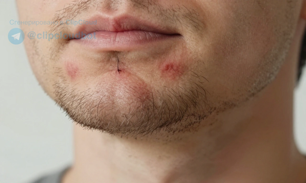 A close-up of a man's beard with visible ingrown hairs causing small red bumps and inflammation, showing skin irritation and hair follicles trapped under the skin, realistic skin texture, soft natural lighting, medical illustration style for educational purposes