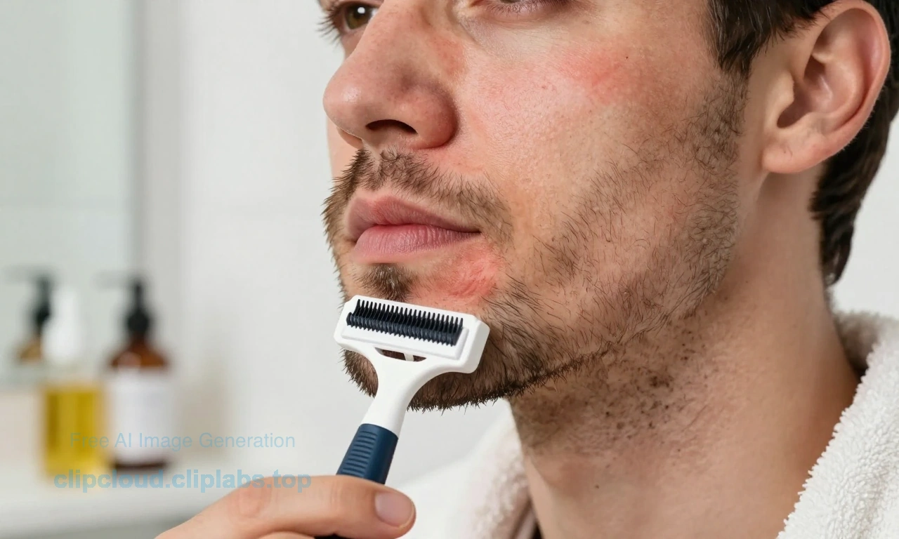 A close-up illustration of a man's face showing common beard care mistakes: red irritated skin under the beard, ingrown hairs, dry flaky patches, and visible razor burn, with subtle visual cues like a dirty comb, overused oil bottle, and rough towel nearby, all in a clean, well-lit bathroom setting with soft natural light