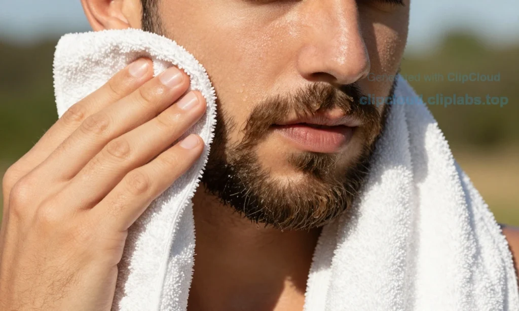 A close-up of a well-groomed beard on a man's face in hot summer weather, showing light sweat droplets being gently wiped away with a clean towel, natural sunlight highlighting healthy facial hair, no visible odor lines or symbols, realistic skin texture, subtle shine from beard oil, background softly blurred outdoor summer setting with greenery