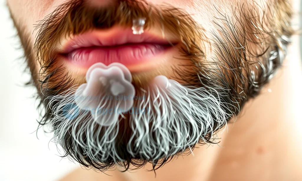 A close-up of a man's beard with visible steam or scent lines suggesting lingering odor after washing, showing slight dampness and texture of facial hair, soft natural lighting, realistic skin and hair detail, no text or symbols