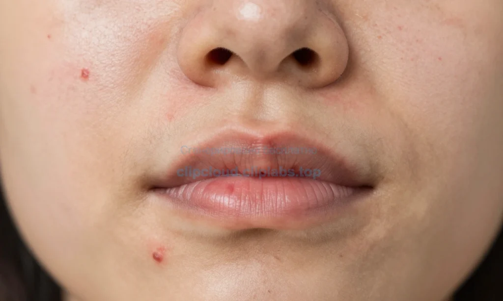 A close-up view of facial skin under a beard showing acne breakouts, with visible redness and pimples, set against a natural skin tone background, soft lighting highlighting texture, no text or symbols present