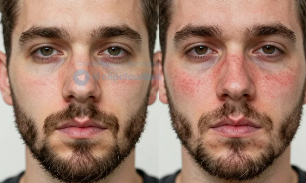 A close-up of a man's face with a well-groomed beard, showing healthy skin underneath, contrasted with a second close-up of the same man's face showing irritated, red, flaky skin and ingrown hairs due to poor beard care — split-screen comparison, natural lighting, high detail, no text or symbols
