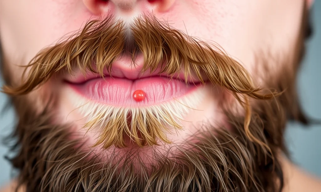 A close-up of a man's beard with visible ingrown hairs causing small red bumps and mild inflammation on the skin, showing close detail of hair curling back into the follicle, natural skin texture, soft lighting, realistic skin tones, no text or symbols