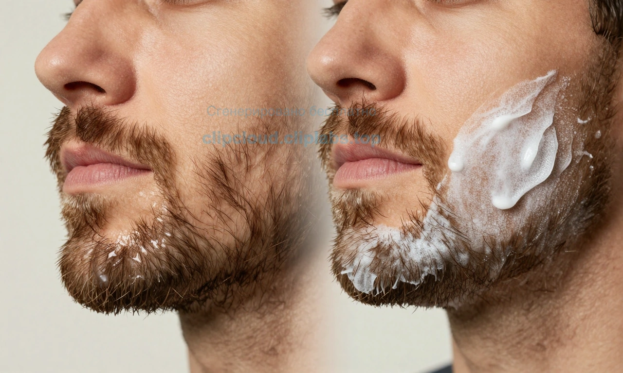 A close-up of a well-groomed beard with natural texture, showing one side treated with beard oil (glossy, slightly damp appearance) and the other side treated with beard wax (matte, structured hold with defined shape), soft natural lighting, neutral background, focus on hair detail and product effect contrast
