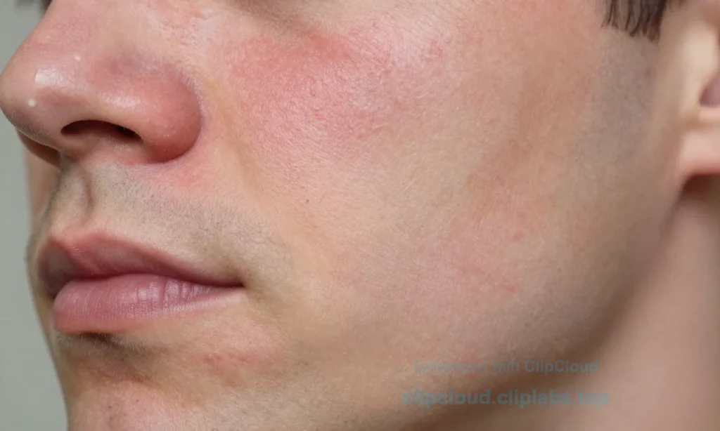 A close-up of a man's facial skin showing mild redness and irritation on the beard area after using beard oil, with natural lighting, realistic skin texture, no visible text or symbols, no rash or severe inflammation, focus on subtle skin reaction
