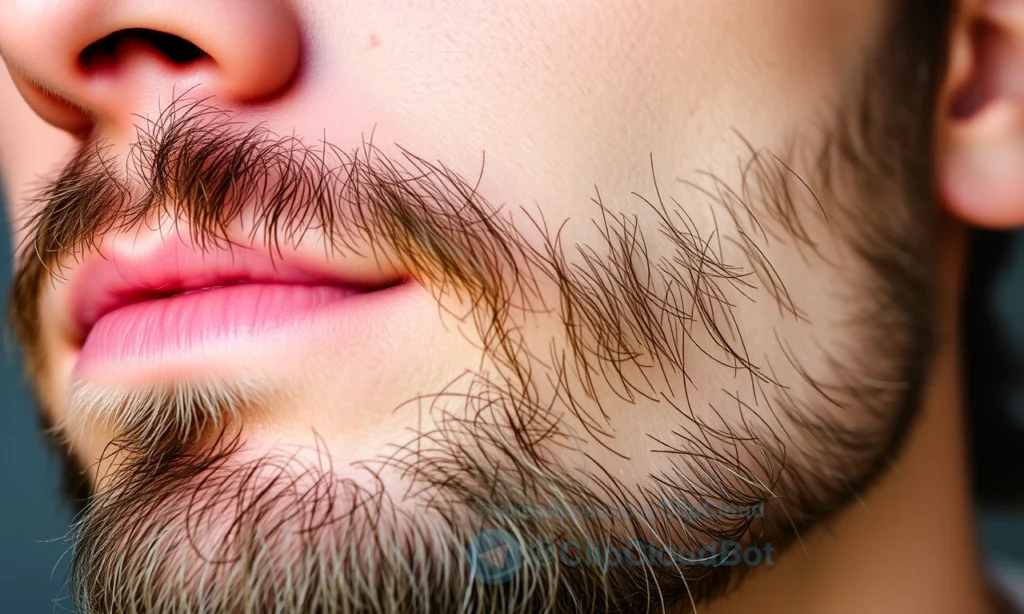 A close-up of a man's face showing a soft, well-groomed beard with gentle lighting highlighting its texture, contrasted with slightly rougher scalp hair visible at the temples, natural skin tones, subtle beard oil sheen, no visible tools or products, realistic photography style
