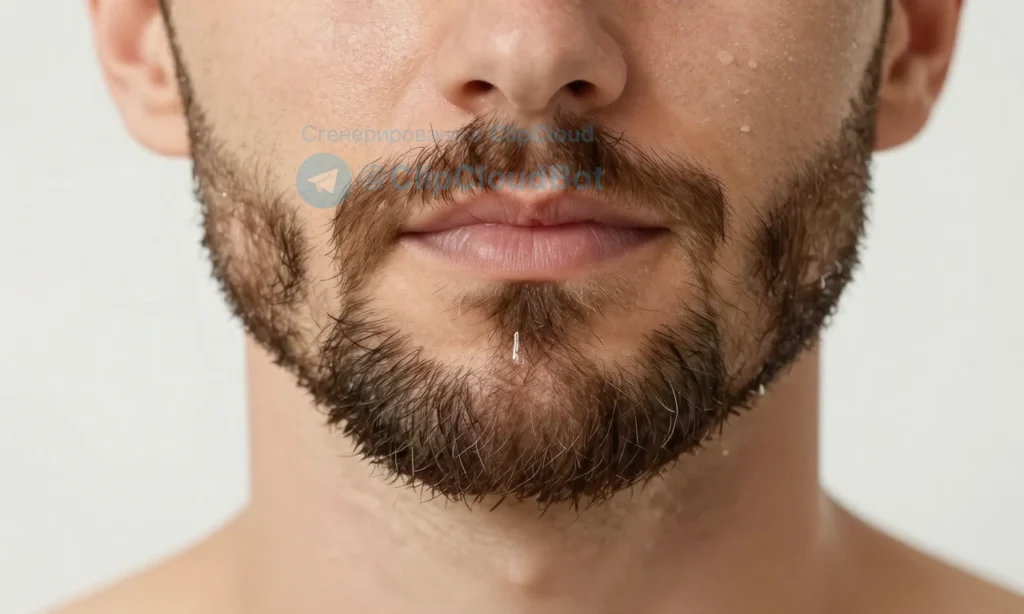 A close-up of a well-groomed beard on a man's face in summer heat, with subtle droplets of sweat visible on the skin beneath the beard, soft natural lighting, clean and fresh appearance, no visible dirt or grime, focus on healthy facial hair and skin texture, realistic style, warm but not harsh tones