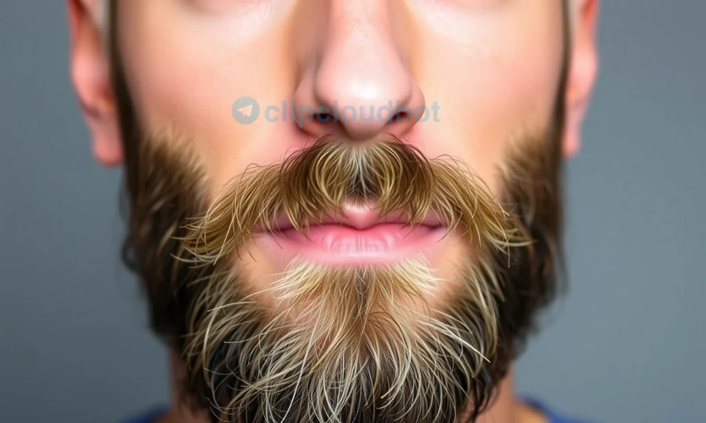 A close-up of a well-groomed beard with visible texture, showing both beard oil and beard wax applied side by side on the facial hair — one side glistening with oil for shine and softness, the other side slightly matte and structured with wax for hold and shape. The background is softly blurred, neutral gray, emphasizing the beard and products. No text, labels, logos, or digits appear in the image.