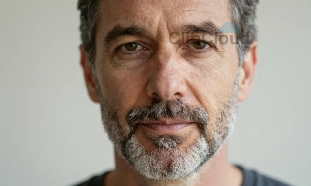 A close-up portrait of a mature man with a slowly growing beard after age 35, showing subtle facial hair texture and natural skin details, soft natural lighting, calm expression, neutral background, emphasizing the quiet progression of beard growth with age