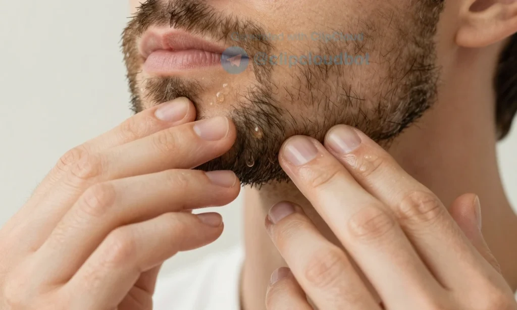 A close-up of a man's hands applying beard oil to a well-groomed beard, showing droplets of oil being massaged into facial hair, soft natural lighting, focus on texture of beard and skin, no text or labels visible