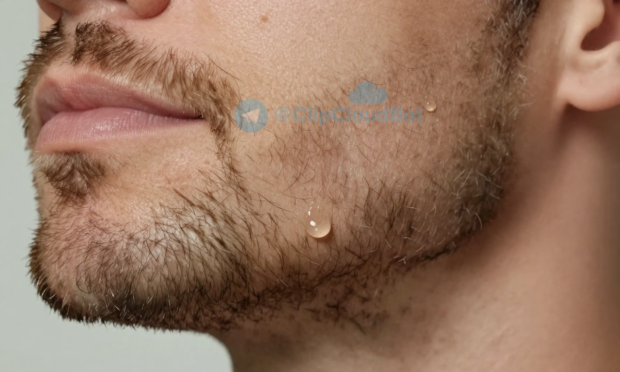 A close-up of a man's beard with a few drops of hair oil being applied, showing natural facial hair texture and subtle shine, soft lighting, realistic skin and hair details