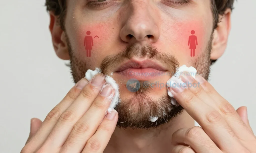 A close-up illustration of a man's face with a beard, showing common grooming mistakes: using harsh soap on beard, over-washing, applying alcohol-based products, neglecting moisturizer, using dirty tools, pulling beard hairs, and ignoring ingrown hairs — each mistake subtly visualized as red irritated skin patches or small icons near the beard area, with clear skin contrast to highlight damage, realistic skin texture, soft lighting, no text or labels