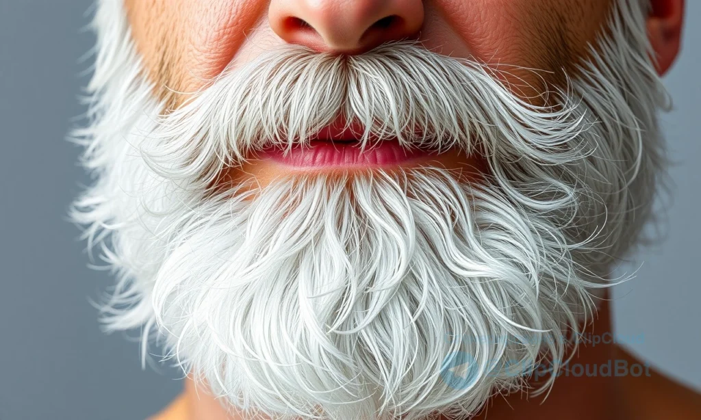 A close-up portrait of a man with a full, well-groomed silver-white beard, glowing with natural radiance and no yellow tones, soft diffused lighting highlighting the purity of the gray hairs, subtle skin texture visible underneath, no dye or artificial color, realistic skin and hair detail, serene expression, neutral background, high-resolution photography style