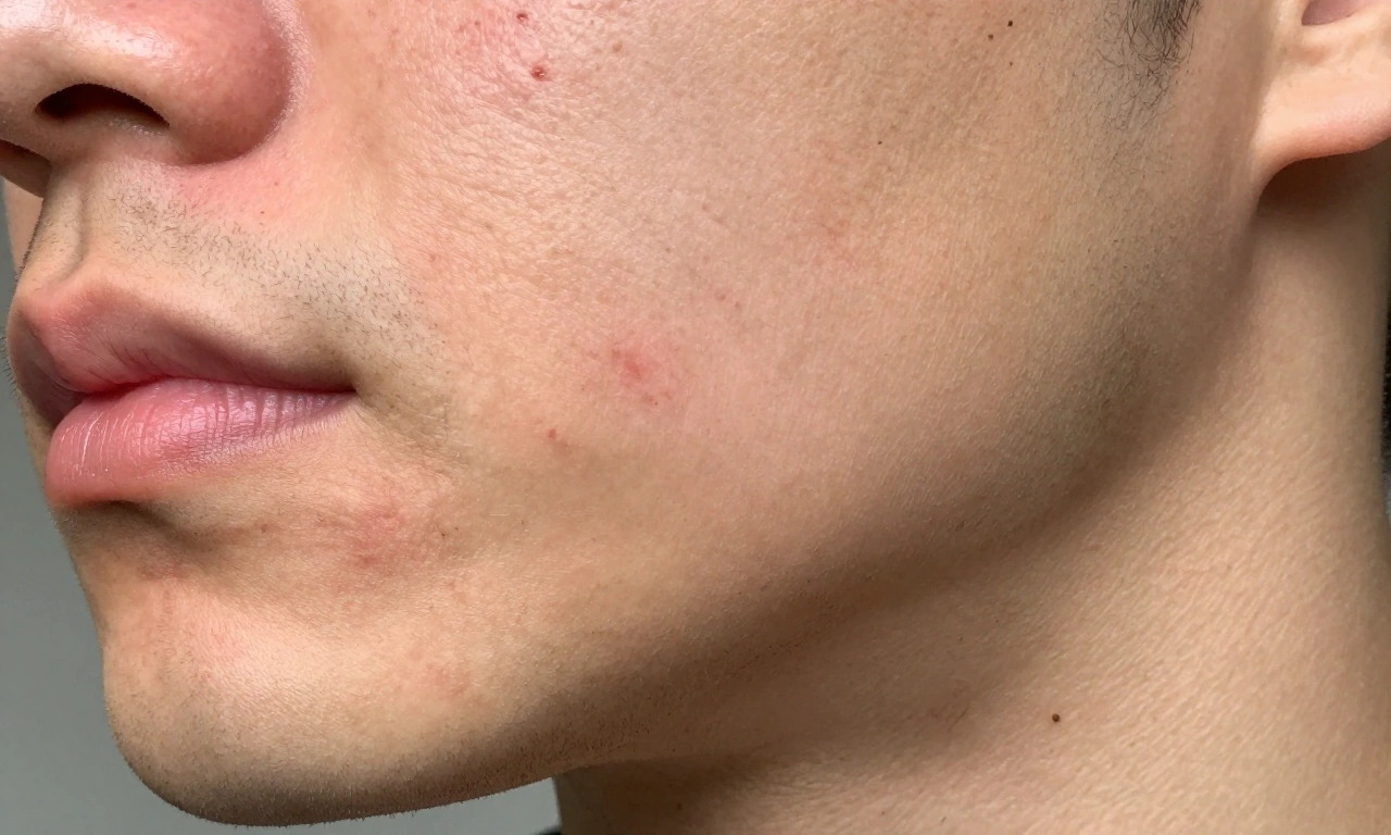 A close-up of a man's face showing the skin under the beard with visible acne and redness, natural lighting, realistic skin texture, no makeup, no filters, focus on the jawline and neck area where beard grows, subtle shadows to emphasize skin irritation