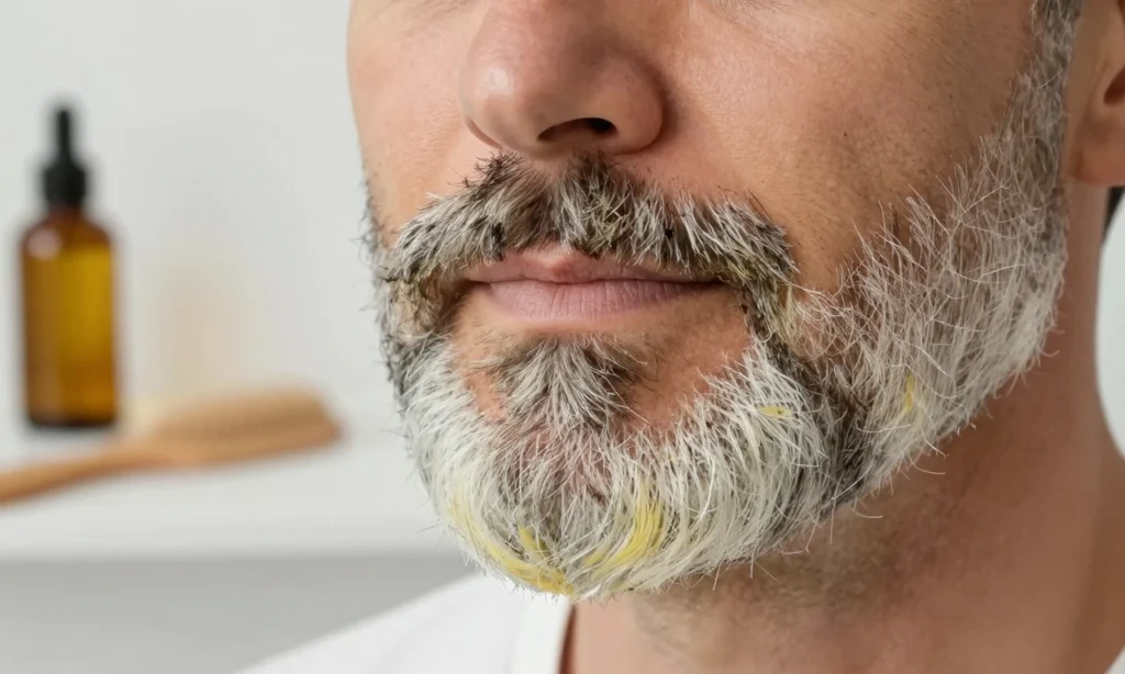 A close-up of a man's silver-gray beard with a slight yellowish tint, showing natural facial hair texture, soft lighting, and a clean bathroom background with a wooden comb and natural oil bottle nearby, no text or symbols visible