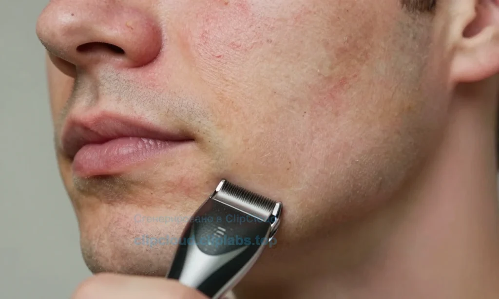 A close-up of a man's face showing dry, flaky skin on the jawline and chin after using a trimmer and shaving beard contours, with visible irritation, tightness, and slight redness, soft natural lighting, high detail, realistic skin texture, no text or symbols