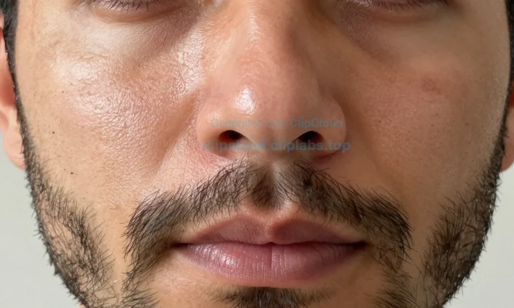 A close-up of a man's face with oily skin and a growing thick beard, showing natural skin texture with slight shine on forehead and nose, well-groomed facial hair in early to mid-growth stage, soft natural lighting, realistic skin pores and subtle beard stubble, no makeup, no products visible, focus on skin and hair interaction