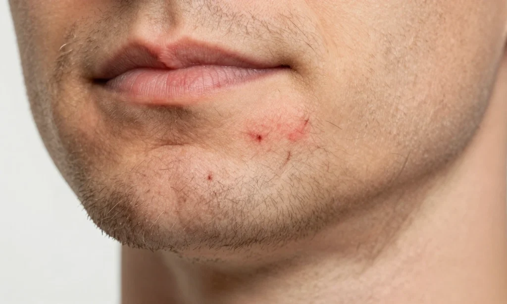 A close-up of a man's beard with visible ingrown hairs showing early signs of inflammation: small red bumps, slight swelling, and trapped hair follicles beneath the skin surface, natural skin texture, soft lighting, medical illustration style, no text, no labels, no diagrams