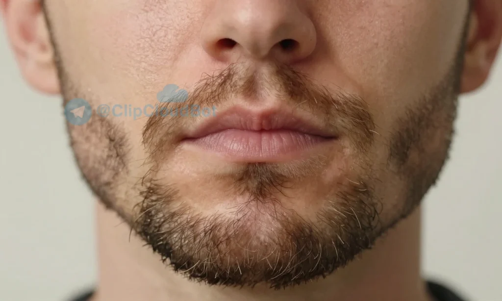 A close-up of a man's face showing a dry, brittle, and dull beard with visible split ends and lack of shine, set against a soft neutral background to emphasize texture and condition, natural lighting, high detail