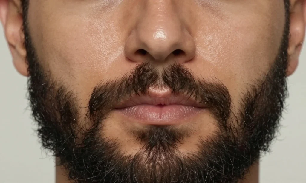 A close-up portrait of a man with a thick, well-groomed beard and visibly oily facial skin, showing natural shine on the cheeks, forehead, and chin, with subtle pores and light reflection indicating sebum production. The beard is dense, dark, and healthy-looking, contrasting with the shiny skin underneath. Soft, even lighting highlights both the beard texture and skin oiliness without harsh shadows. No text, symbols, or logos appear in the image.