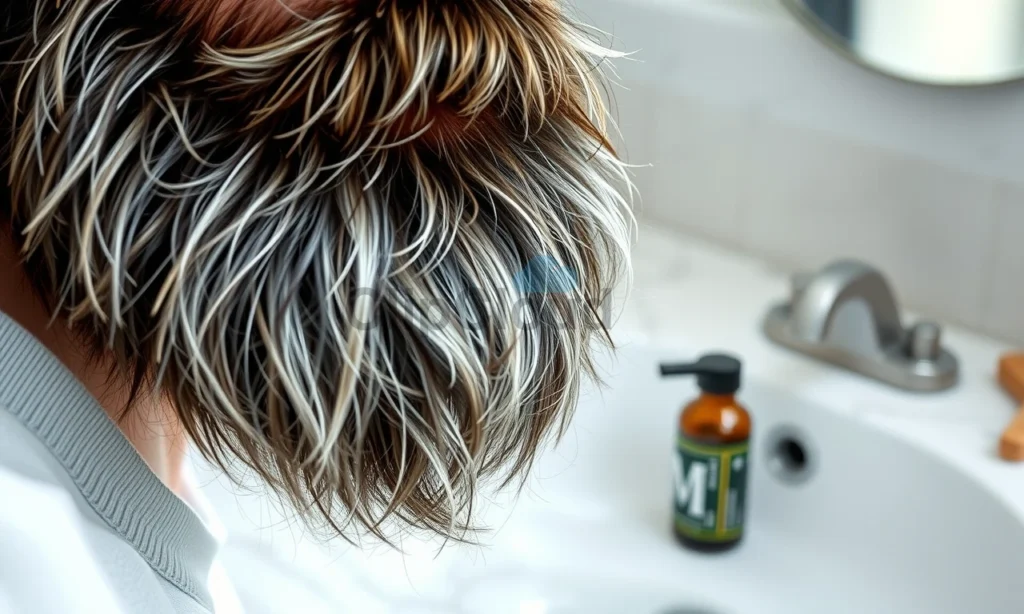 A close-up of a well-groomed beard with subtle silver strands mixed into dark facial hair, set against a soft blurred background of a bathroom sink with natural morning light. The beard is neatly trimmed, slightly oily to show healthy texture, with a wooden comb and a small bottle of beard oil resting nearby on a marble countertop. No text, no logos, no people, no facial features visible — only the beard and grooming tools.