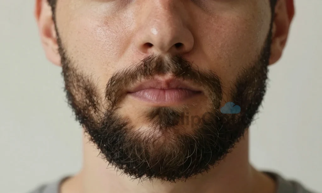 A close-up portrait of a man with a thick, well-groomed beard, standing in soft natural light, showing healthy facial skin with a subtle sheen indicating oily texture but no acne or irritation, focusing on the beard density and skin condition, realistic skin pores and beard hair detail, neutral background, high-resolution photography style