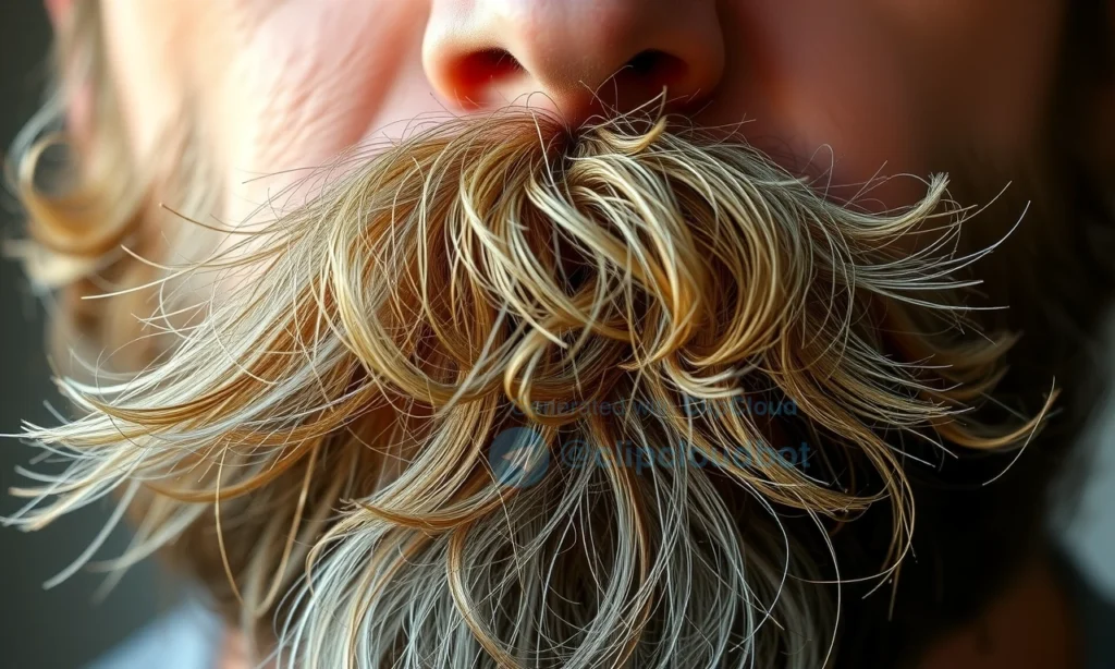 A close-up of a man's face with a fluffy, unkempt beard sticking out in multiple directions, showing individual hairs curling and frizzing due to dryness or static, soft natural lighting, realistic skin texture, no facial expression emphasis, focus on beard texture and flyaway hairs