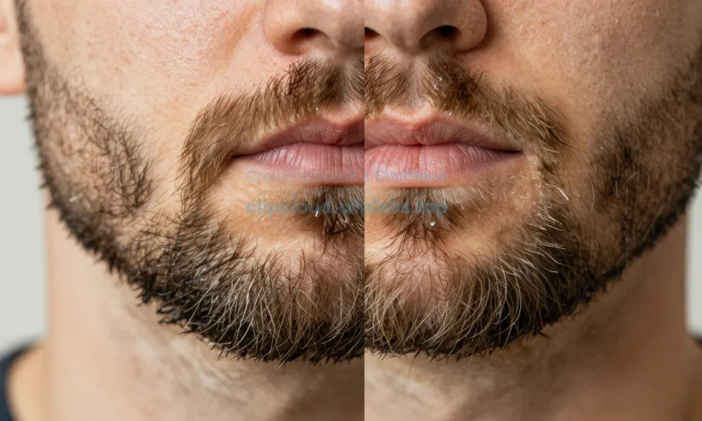 A close-up of a well-groomed beard with natural texture, showing subtle shine from beard oil on one side and light hold from beard wax on the other, split composition, soft natural lighting, high detail on facial hair strands, no text, no logos, no people faces visible, only beard and neck area