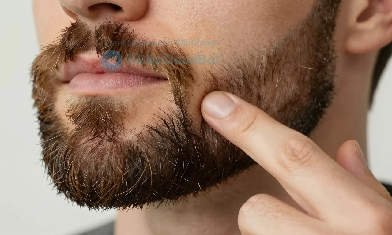 A close-up of a well-groomed beard with split ends being gently treated with natural beard oil applied using fingertips, soft natural lighting, no visible scissors or trimming tools, focus on healthy hair texture and nourishment, realistic skin and hair detail, warm tones