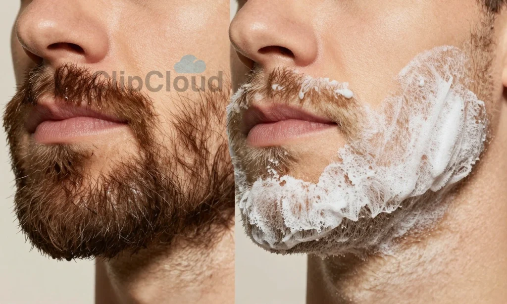 A close-up of a well-groomed beard with visible texture, showing one side treated with beard oil (glossy, slightly damp look) and the other side treated with beard wax (matte, structured hold), soft natural lighting, neutral background, high detail, realistic skin and hair follicles, no text or symbols