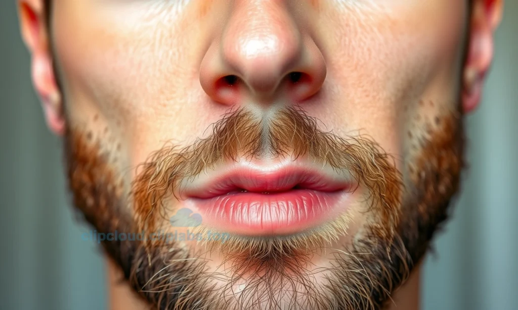 A close-up of a man's face with a patchy beard showing small bald spots where hair has fallen out in clumps, soft natural lighting, realistic skin texture, subtle redness in affected areas, no visible irritation or rash, focused on the beard area only, neutral expression, shallow depth of field