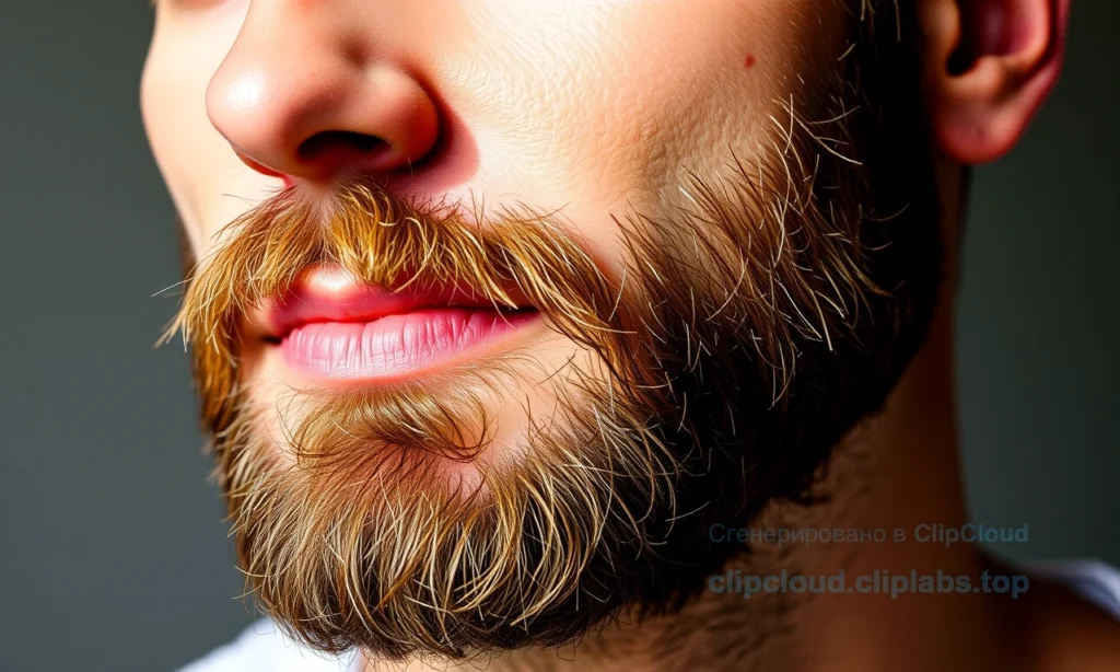 A close-up of a well-groomed short beard on a man's face, showing smooth, healthy skin underneath with no redness or irritation, soft natural lighting highlighting the texture of the beard, subtle sheen from beard oil, clean and minimalist background, realistic skin and hair detail, peaceful expression, conveying comfort and style without itchiness