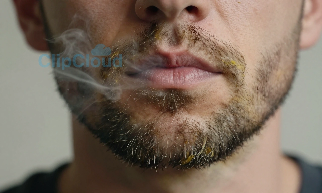 A close-up of a man's beard with visible tobacco smoke residue, showing strands of facial hair with a faint yellowish tint and subtle smoke particles in the air, set against a soft neutral background, emphasizing the unpleasant tobacco odor concept without any text or symbols