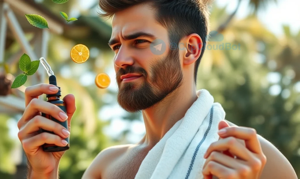 A well-groomed man with a clean, fresh beard standing outdoors in warm weather, lightly sweating but with no visible odor or discomfort, holding a natural beard oil bottle and a soft towel, surrounded by subtle visual cues of freshness like mint leaves and citrus slices floating in the air, bright sunlight filtering through trees, realistic skin and hair texture, no text or symbols