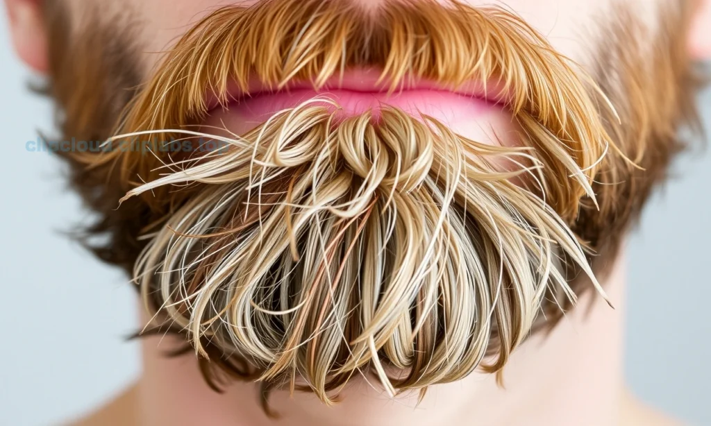 A close-up of a man's beard showing signs of dryness, brittleness, and dullness — individual hairs appear frayed, split-ended, and lackluster under soft natural lighting, with subtle texture emphasizing roughness and loss of shine; background is blurred and neutral to focus attention on the beard's condition