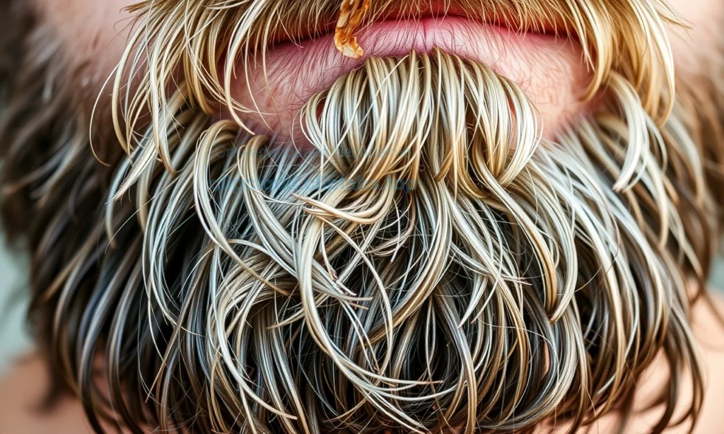 A close-up of a man's beard showing signs of brittleness and dullness: dry, split ends, lack of shine, and rough texture, with visible flaking and uneven hair strands under soft natural lighting, emphasizing the deterioration of beard health over time