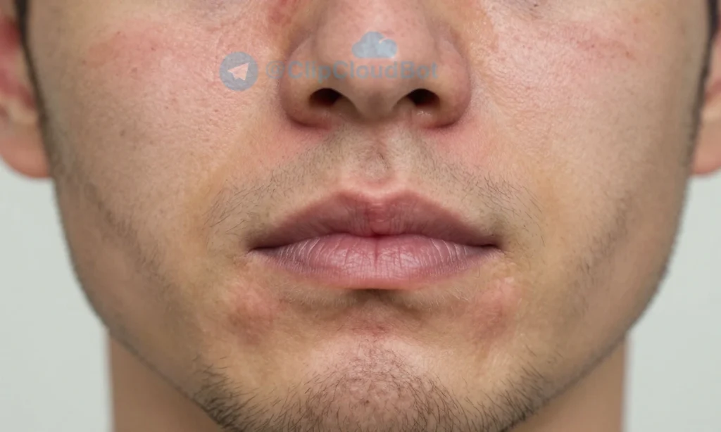 A close-up of a man's face showing the skin under a short beard, with visible tightness, redness, and slight irritation; the skin appears dry and stretched, with subtle flaking and mild inflammation around the jawline and chin; soft natural lighting highlights the texture of the skin and beard hairs; no text, no symbols, no letters, no digits, no additional objects — only the facial skin and beard area in sharp focus