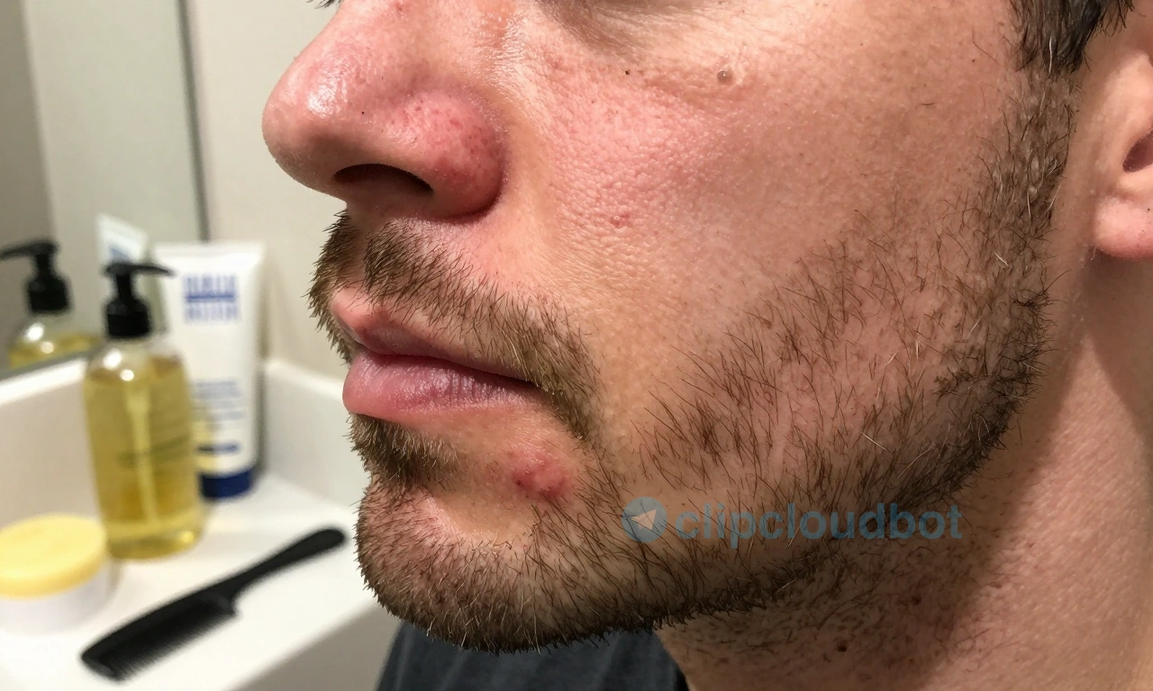 A close-up of a man's face with a beard, showing red pimples and irritation on the skin beneath the beard, with visible grooming products like beard oil, balm, and a comb nearby on a bathroom counter, soft natural lighting, realistic skin texture, no text or symbols