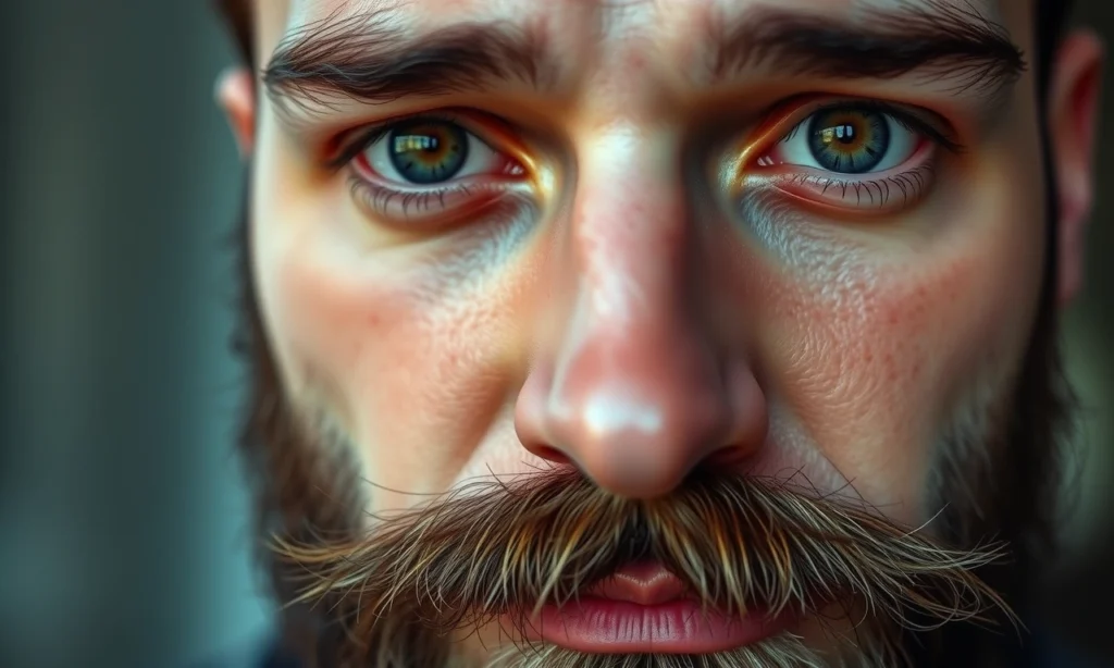 A close-up of a man's face with a thick, well-groomed beard, oily skin visible on the cheeks and forehead, natural lighting, realistic skin texture, subtle shine on T-zone, no makeup, no facial hair products visible, focus on beard density and skin condition