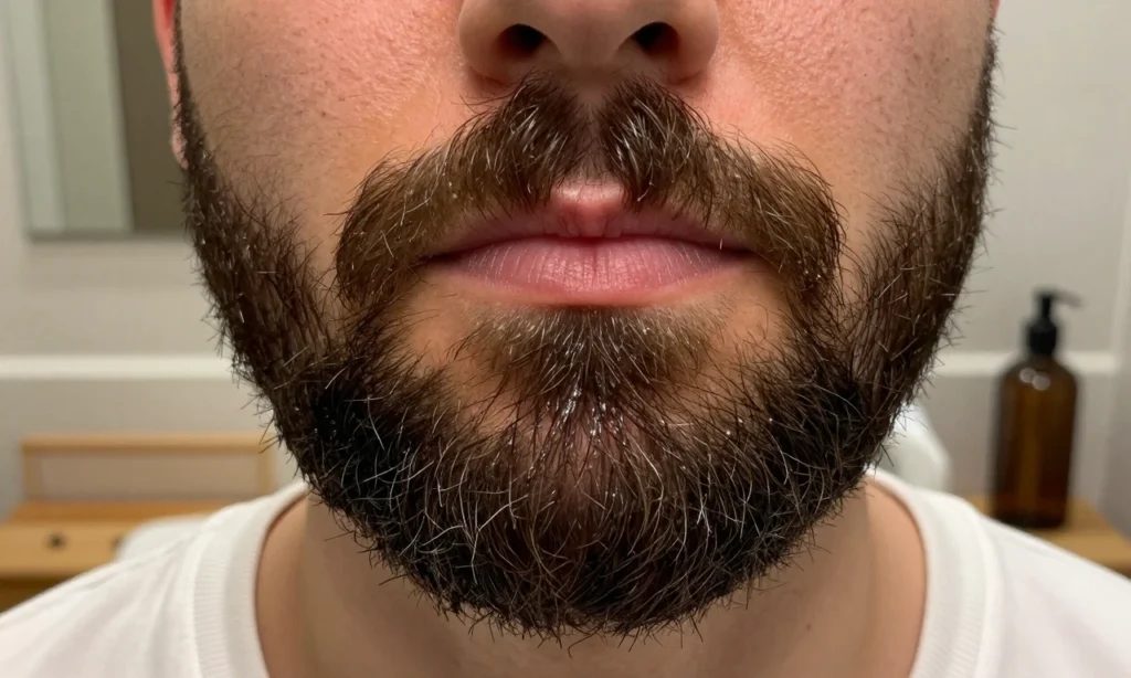 A close-up of a well-groomed beard with healthy, shiny, and strong facial hair, showing natural texture and soft lighting. The beard is clean, moisturized, and free of split ends or brittleness. Subtle background of a bathroom sink with natural wooden elements and a beard oil bottle nearby, suggesting proper care routine. No text, no letters, no digits, no people's faces visible.