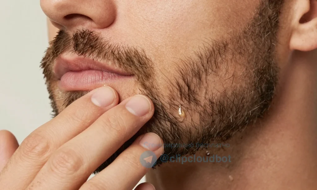 A close-up of a well-groomed man's beard with a few drops of beard oil being gently applied using fingertips, soft natural lighting highlighting the texture of the hair and skin, no text, no labels, no packaging, no words or digits visible, realistic skin and hair detail, warm tones, shallow depth of field