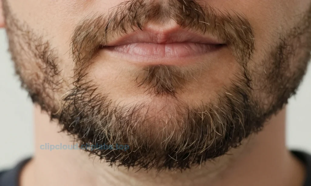 A close-up of a man's beard with dry, brittle tips on otherwise healthy-looking facial hair, showing subtle texture and natural lighting, no text or symbols visible