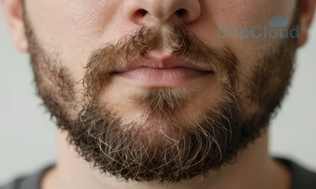A close-up of a man's face with a fluffy, unkempt beard sticking out in multiple directions, showing individual hairs curling and frizzing due to dryness or static, soft natural lighting, realistic skin texture, no facial expression emphasis, focus on beard texture and hair behavior