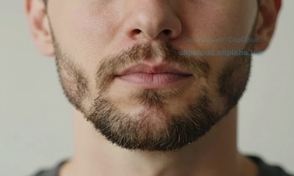 A close-up of a man's face with a short, well-groomed beard, showing healthy skin underneath without redness or irritation. The beard is neatly trimmed to about 5-10mm length, with soft, natural texture. Gentle lighting highlights the skin's smoothness and the beard's even growth. No visible flakes, scratches, or signs of itching. The expression is calm and confident, suggesting comfort and proper care. Background is softly blurred, neutral tones to keep focus on the beard and skin.
